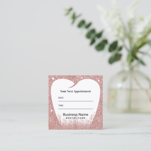 Zahnarzttooth Rose Gold Glitzer Zahnersatz Terminkarte (Stehend Vorderseite)