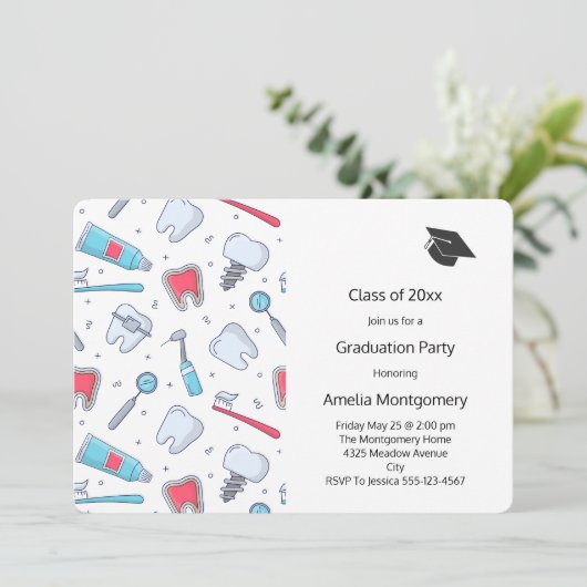 Zähne und Tools Zahnmuster-Abschluss Einladung (Stehend Vorderseite)