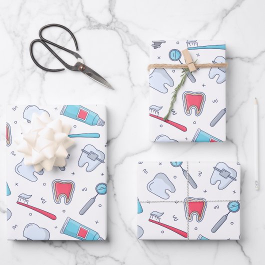 Zähne und Werkzeuge Zahnmuster Geschenkpapier Set (Vorderseite)