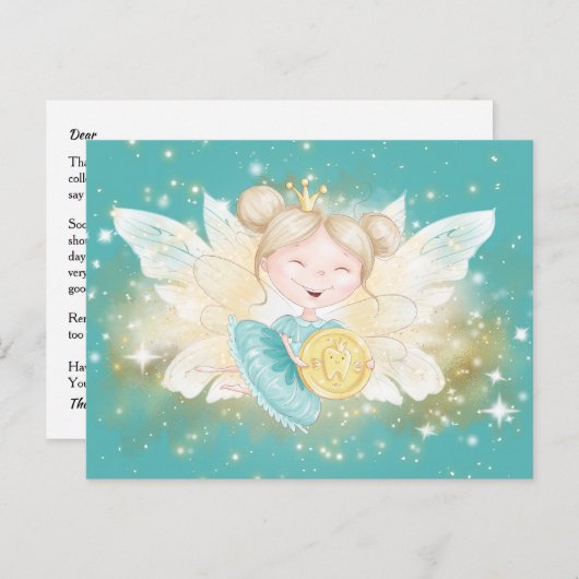Zahnfee-Prinzessin mit Goldmünze aquamarin Postkarte (Vorne/Hinten)