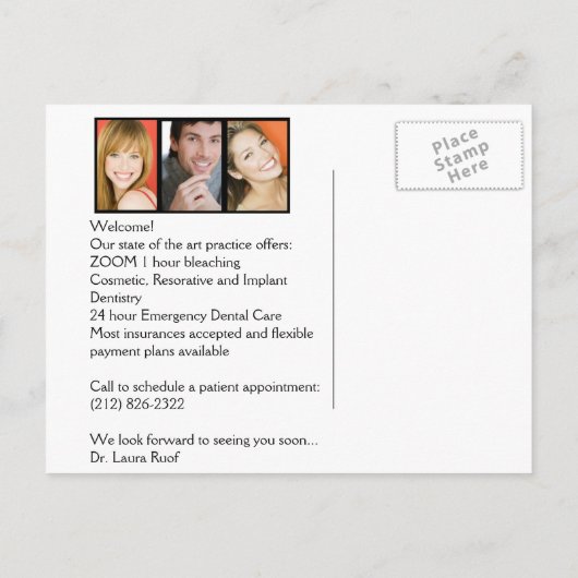 Zahnmedizinische Intro-Postkarte Ankündigungspostkarte (Rückseite)