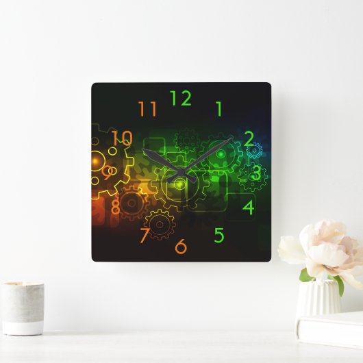 Zahnradmechanik schwarz-grün-orange quadratische wanduhr (Zuhause)