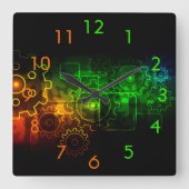 Zahnradmechanik schwarz-grün-orange quadratische wanduhr (Vorderseite)