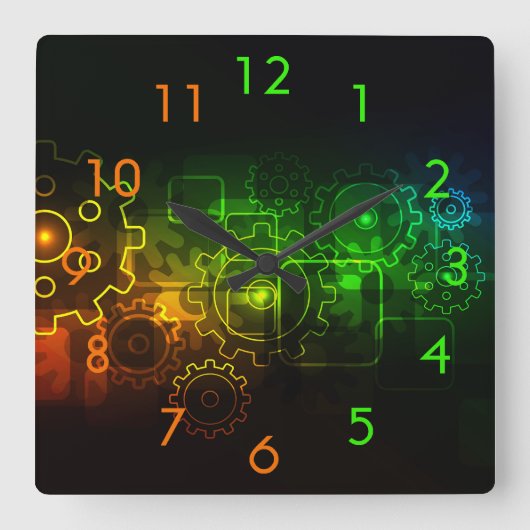 Zahnradmechanik schwarz-grün-orange quadratische wanduhr (Vorderseite)