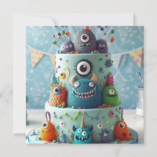 ZANY COMICAL KOOKY MONSTER CAKE BIRTHDAY EINLADUNG (Vorderseite)