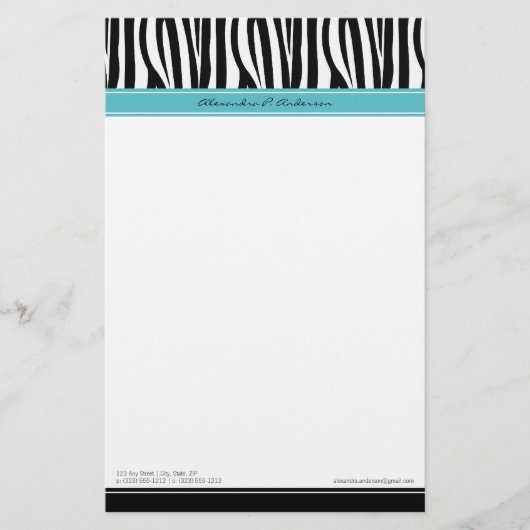 Zany Zebra Aqua Customized Designer Stationery Briefpapier (Vorderseite)