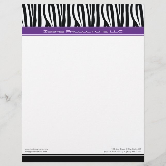 Zany Zebra Lila, angepasste Designer Letterhead Briefkopf (Vorderseite)