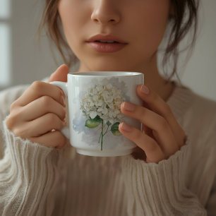 Zarte Aquarell Weiße Hortensien Blüten Kaffeetasse