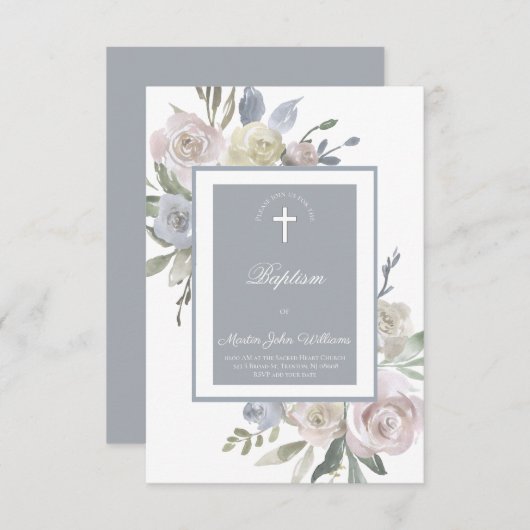 zarte Aquarellrahmen-Rose | Taufe Einladung (Vorne/Hinten)