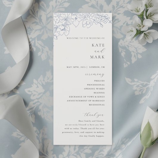 Zarte Blaue Florale Hochzeit Programm