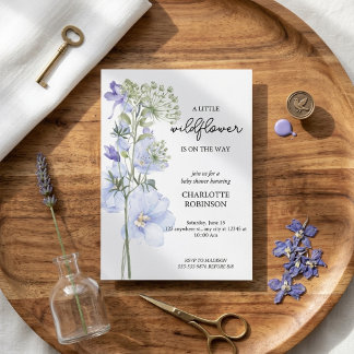 Zarte blaue Wildblumen-Botanik-Baby-Party Einladung