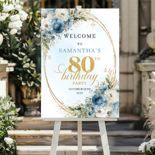 Zarte Boho-Blumen in Blau mit goldenem Rahmen zum Poster