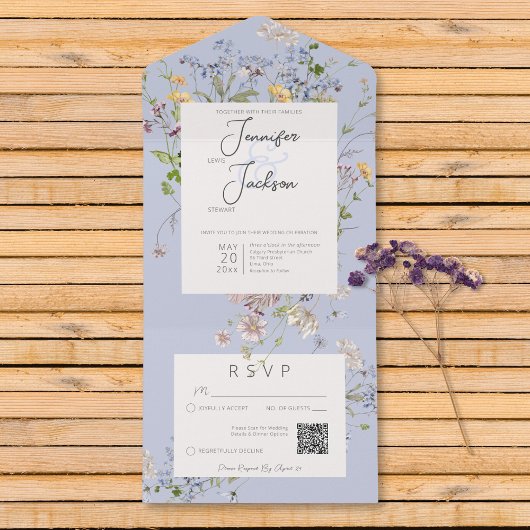 Zarte Boho-Wildblumen Immergrün QR-Code All In One Einladung