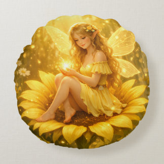 Zarte Elfe auf einer Sonnenblume Rundes Kissen