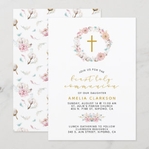 Zarte Floral & Baumwolle Erste Kommunion Einladung