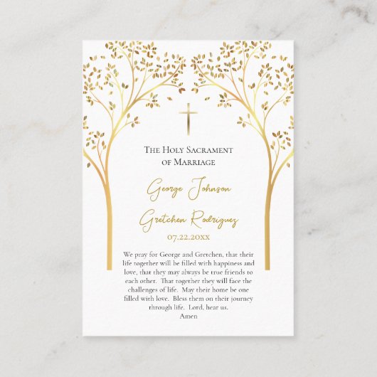 Zarte goldene Bäume Katholische Hochzeitsgebetskar Platzkarte (Rückseite)