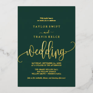 Zarte Goldfolien-Kalligrafie   Smaragd-Hochzeit  Folieneinladung