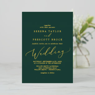 Zarte Goldfolien-Kalligrafie Smaragd-Hochzeit Folieneinladung