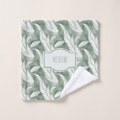 Zarte graue monogrammierte grüne Federn Badhandtuch Set (Waschlappen)
