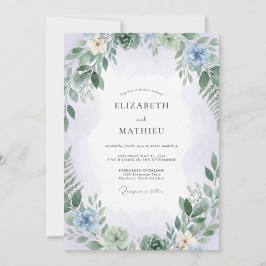 Zarte Hellblaue Blättrige Hochzeit Einladung (Vorderseite)