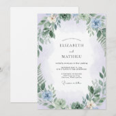 Zarte Hellblaue Blättrige Hochzeit Einladung (Vorne/Hinten)