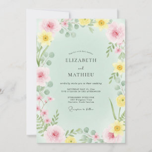 Zarte mintgrüne gelbe Wildblumen-Hochzeit Einladung