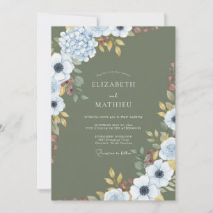 Zarte Oliven-Anemonen-Aquarell-Hochzeit Einladung