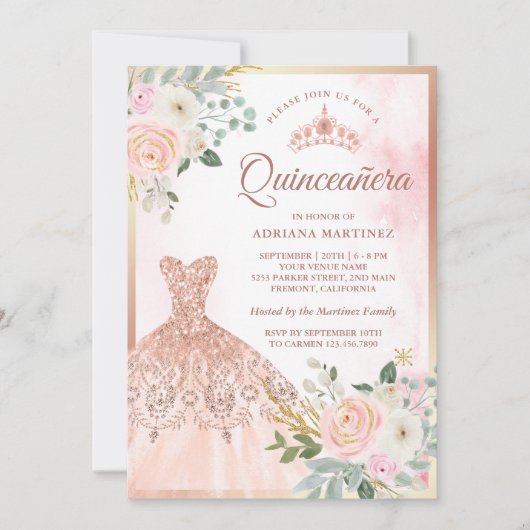 Zarte Rosa Blush Rose Gold Quinceanera Einladung (Vorderseite)