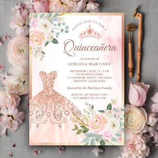 Zarte Rosa Blush Rose Gold Quinceanera Einladung
