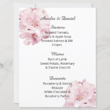 Zarte rosa Blüten Hochzeitsmenükarte