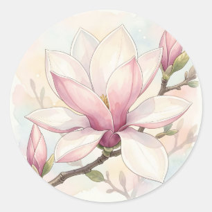 Zarte rosa Magnolie Wasserfarbenblüte Runder Aufkleber