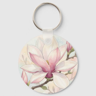 Zarte rosa Magnolie Wasserfarbenblüte Schlüsselanhänger