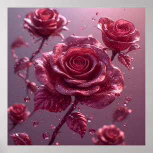 Zarte rosa Rosen mit Tautropfen und Glitter Poster