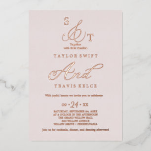 Zarte Roségoldfolie Brautmonogramm-Hochzeit Folieneinladung