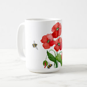 Zarte scharlachrote Mohnblume und Hummeln Kaffeetasse
