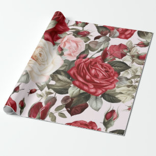 Zarte Vintage-Rosa Weiße und Rote Rosen Geschenkpapier