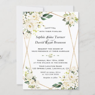 Zarte weiße Blumen Gold Monogramm Hochzeit Einladung