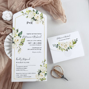 Zarte Weiße Creme Blumen Elegante Hochzeit All In One Einladung