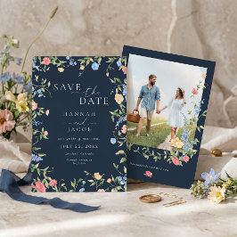 Zarte Wildblume Navy Blau Florale Foto-Hochzeit Save The Date