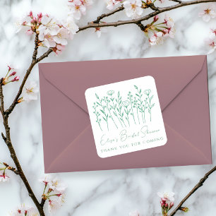 Zarte Wildblumen Line Art Grüne Babyparty für Brau Quadratischer Aufkleber