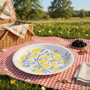 Zarte Zitronenreben Holzschnitteffekt Papierplatte Pappteller