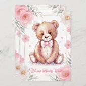 Zarter Aquarellbär mit Bogen in Rose Einladung (Vorne/Hinten)