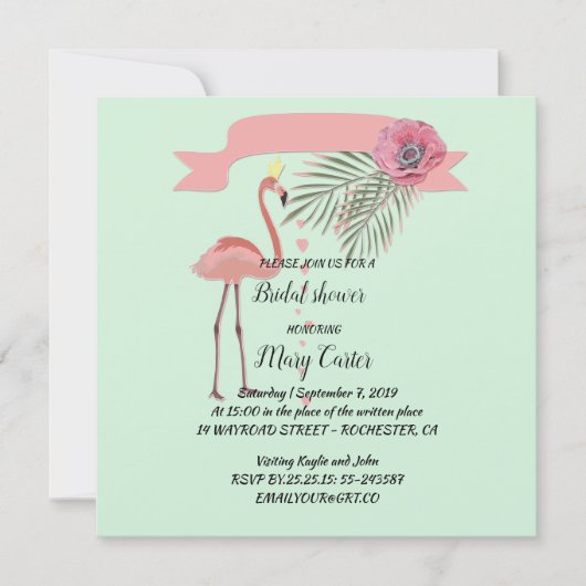 Zarter Blumenkranz, rosa Flamingos, Einladung (Vorderseite)