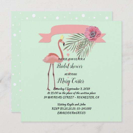 Zarter Blumenkranz, rosa Flamingos, Einladung (Vorne/Hinten)