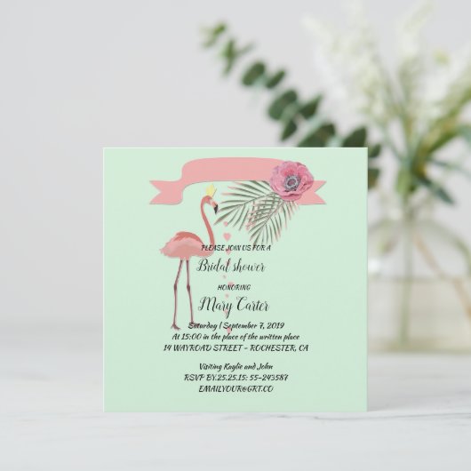 Zarter Blumenkranz, rosa Flamingos, Einladung (Stehend Vorderseite)
