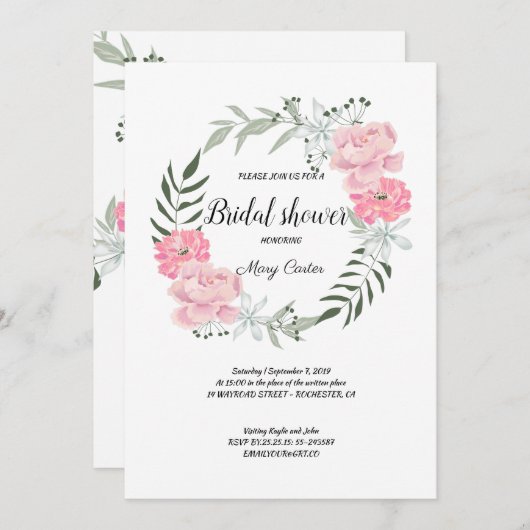 Zarter blumiger Kranz, rosafarbene Pfannkuchen Einladung (Vorne/Hinten)