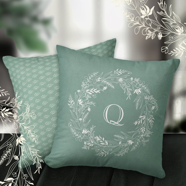 Zarter botanischer Grünring Buchstabe Q Kissen (Von Creator hochgeladen)