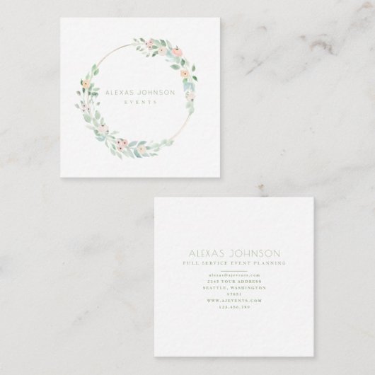 Zarter Frühlingsblumenkraut Rosa und Grün Quadratische Visitenkarte (Vorne/Hinten)