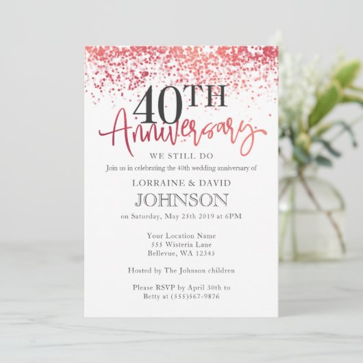 Zarter rosa Rot 40. Hochzeitstag Einladung (Stehend Vorderseite)