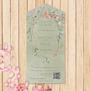 Zarter Rosa Rustikaler Wildblumen-Sage-QR-Code All In One Einladung